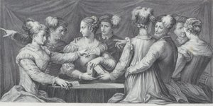 En gruppe elegant klædte mennesker, der spiller kort, 1740-68