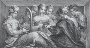 En gruppe elegant klædte mennesker, der spiller harpe og guitar, 1740-68