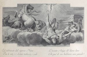 Plade 34: Auriga, vognmanden, falder fra vognen i midten med tre heste ved l..., 1756