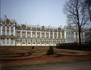 Udsigt over paladset Catherine (Tsarskoie Selo eller Tsarskoye Selo) realiseret af arkitekten Bartolomeo Francesco Rastrelli (ca. 1700-1771) 1752-1756, Pushkin (Pushkin) Rusland