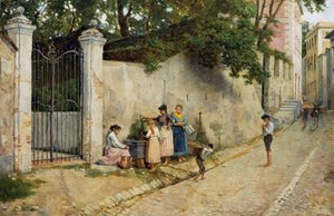 Ved springvand, af Bartolomeo Giuliano (1825-1909), olie på lærred, 64,5x100 cm af Bartolomeo Giuliano