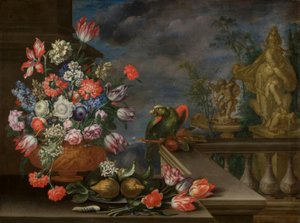Stilleben med blomstervase, citrusfrugter, papegøje og springvandskulptur