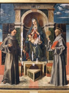 Madonna og barn troner mellem Saint Francis og Saint Bernardino af Siena, ca. 1490 af Bartolomeo Montagna