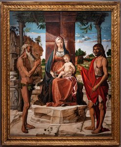Madonna med spædbarnet Jesus under en pergola blandt de hellige Johannes Døberen og Onuphriusm 1485-86 (olie på panel)