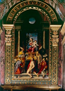 Madonna og barn troner med Saint Anthony (olie på panel) af Bartolomeo Passarotti