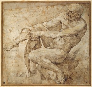Nøgen mand trækker på sin slange efter Marcantonio Raimondi og Michelangelo Buonarroti (pen og brunt blæk på papir)