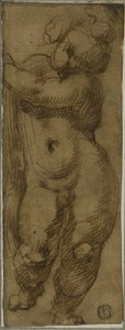 Stående Putto set forfra: Study for the Virgin in Glory med de hellige Petronius, Dominic og Peter Martyr af Bartolomeo Passarotti