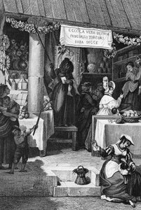 Befana (italiensk juleheks), bod med slik og nougat på Piazza Navona under helligtrekonger, Rom, gravering af Bartolomeo Pinelli