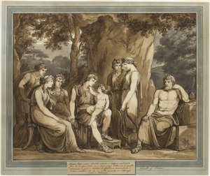 Calypso ser Telemachos med Amor på knæet, mens mentor ser i vrede, fra Telemachos eventyr, bog 7 af Bartolomeo Pinelli