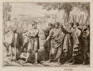 Cincinnatus hjemkaldt fra sine marker for at blive Roms diktator, 458 f.Kr (radering) af Bartolomeo Pinelli