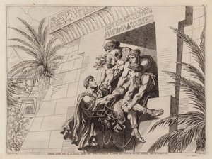 Kleopatra og hendes ledsagere løfter den døende Marcus Antonius ned i deres grav (radering)