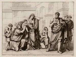 Coriolanus, der er forvist fra Rom, forlader sin familie og planlægger sin hævn (radering) af Bartolomeo Pinelli