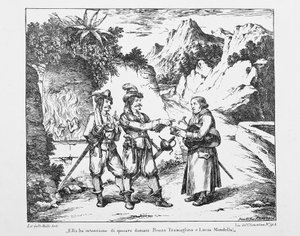 Don Abbondio støder på to Bravi, litografi af Bartolomeo Pinelli (1781-1835) for The Troloved af Alessandro Manzoni (1785-1873), Italien, 1800-tallet af Bartolomeo Pinelli