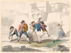 Tegning, Et husspektakel i Tivoli, 1807-08 af Bartolomeo Pinelli