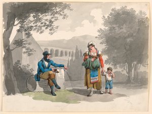 Tegning, En kvinde, der holder en dreng i hånden, passerer en herre, der sidder blandt ruiner i Campagna, 1807 af Bartolomeo Pinelli