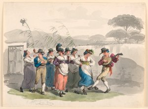 Tegning, "Saltarello Romano", Dansende bønder i Roms nabolag, 1807-08 af Bartolomeo Pinelli