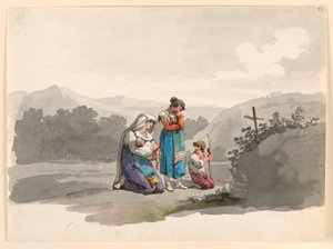 Tegning, kvinde med baby beder foran korset, der markerer det sted, hvor hendes mand blev dræbt, 1807-08 af Bartolomeo Pinelli