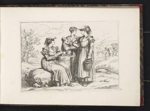Tre kvinder og et barn fra Castel Madama Costumi di Castel madama (titel på objekt) Kostumetryk med figurer fra Rom og omegn (serietitel) Nuova raccolta di cinquanta costumi de contorni di Roma (serietitel) af Bartolomeo Pinelli