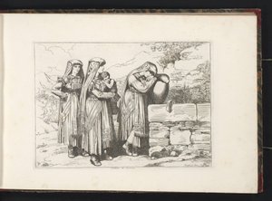 Tre kvinder og et barn fra Cervara di Roma Costumi di Cervara (titel på objekt) Kostumetryk med figurer fra Rom og omegn (serietitel) Nuova raccolta di cinquanta costumi de contorni di Roma (serietitel) af Bartolomeo Pinelli