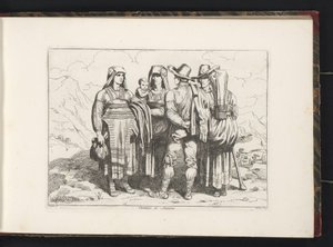 Tre kvinder og to mænd fra Sonnino Costumi di Sonnino (titel på objekt) Kostumetryk med figurer fra Rom og omegn (serietitel) Nuova raccolta di cinquanta costumi de contorni di Roma (serietitel) af Bartolomeo Pinelli