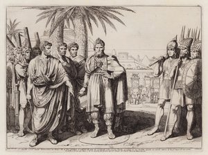 Gaius Popillius Laenas tegner en cirkel i sandet omkring Antiochus IV Epiphanes (radering) af Bartolomeo Pinelli