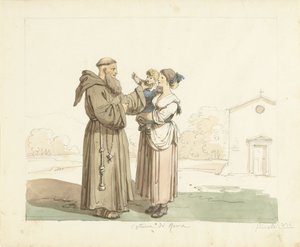 Ung kvinde med barn stående foran en munk af Bartolomeo Pinelli