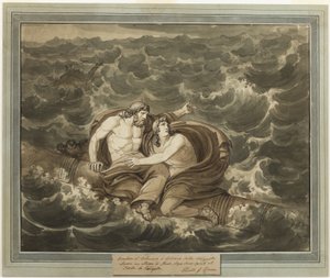 Mentor og Telemachus, efter at have overlevet stormen, er ivrige til øen Calypso på en mast, fra The Adventures of Telemachus, bog 6 af Bartolomeo Pinelli