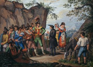 Forhandlinger om overgivelse mellem brigand Gasparone og ærkepræst Pellegrini af Bartolomeo Pinelli
