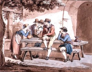 Under pergolaen (akvarel over blyant på papir) af Bartolomeo Pinelli