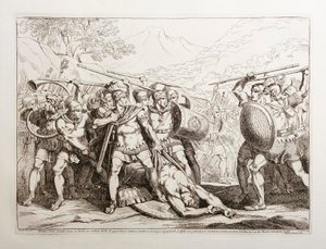 Da Valerio Corvo i en duel har dræbt en gallisk soldat af gigantisk statur og er ved at klæde ham af, løber gallerne, som ikke kan holde sig i skindet, til for at hævne ham, men de bliver fuldstændig besejret af romerne af Bartolomeo Pinelli