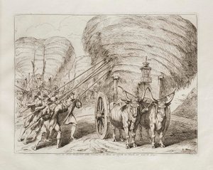 Vogne med hø, der blev transporteret fra landet til Rom for at blive kørt ud til laderne i juni måned af Bartolomeo Pinelli