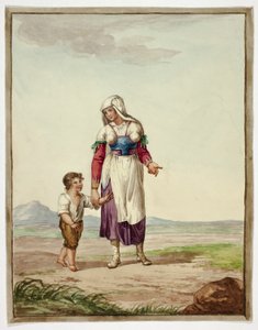 Kvinde i indianerkostume med dreng på vej af Bartolomeo Pinelli