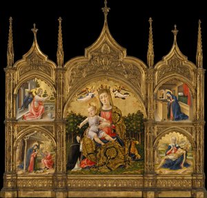 Ydmyghedens Madonna, Bebudelsen, Fødselen og Pietà, ca. 1465 (tempera og guld på træ)