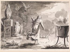 Medea. En rygvendt kvinde, imellem krybdyr, havvæsner, en heksekedel og egyptiske gudestøtter, skriver om natten trolddomsruner i en cirkel på jorden. af Bartolomeo d