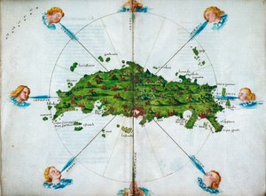 Isolario, på vers, med farvelagte tegninger og et kort over det østlige Middelhav på pergament, ca. 1480 (tegning på pergament)