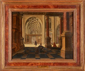 Figurer i et kirkeinteriør (olie på panel)