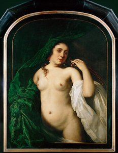 Nøgen kvinde løfter et gardin (maleri på lærred) af Bartolomeus van der Helst