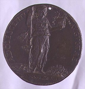 Portrætmedalje med en kvindeskikkelse med en stav i hånden (bronze) (for bagsiden se 96845) af Bartolommeo Melioli