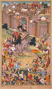 Belejringen af Arbela i Hulagu Khans æra, side fra en Chingiz-nama (Chingiz Khans Bog) af Jami al-tavarikh (Krønikernes kompendium) af Rashid al-Din (persisk, 1247-1318) af Basavana