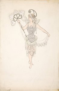 Kostumedesign til dame med vifte, 1890-99. af Basil Crage
