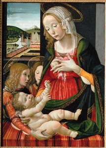 Madonna ammer Jesusbarnet, omgivet af engle ... (maleri på træ)