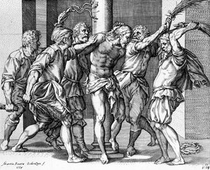 Kristi flagellation, graveret af Martin Rota af Battista (after) Franco