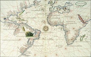 Et dobbeltsidet kort over Atlanterhavet, der viser Nord- og Sydamerikas østkyst, 1544