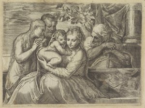 Hellig familie med hellige af Battista Angolo del Moro (attributed to)