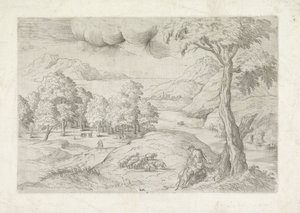Panoramalandskab med ruiner, en by og rejsende Landschap mødte hyrde