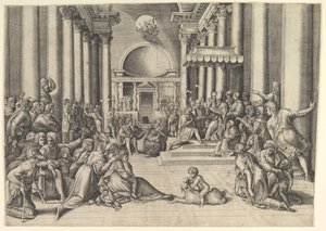 Konstantin præsenterer byen Rom for Den Hellige Stol, til højre, mange tilskuere ..., ca. 1530-61. af Battista Franco Veneziano