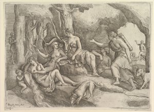 Diana hviler med nymfer. af Battista Franco Veneziano
