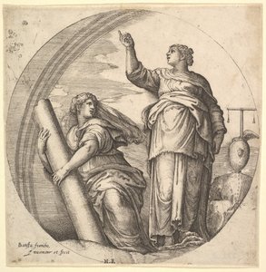 Fortitude and Justice, en allegorisk komposition i rundt format, med Fortitude g..., ca. 1530-61.