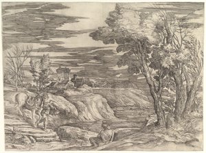 Landskab med en rytter og hans brudgom, ca. 1552-61. af Battista Franco Veneziano