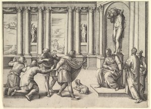 Mand, der sidder under en statue af Bacchus, modtager et publikum, ca. 1530-61.